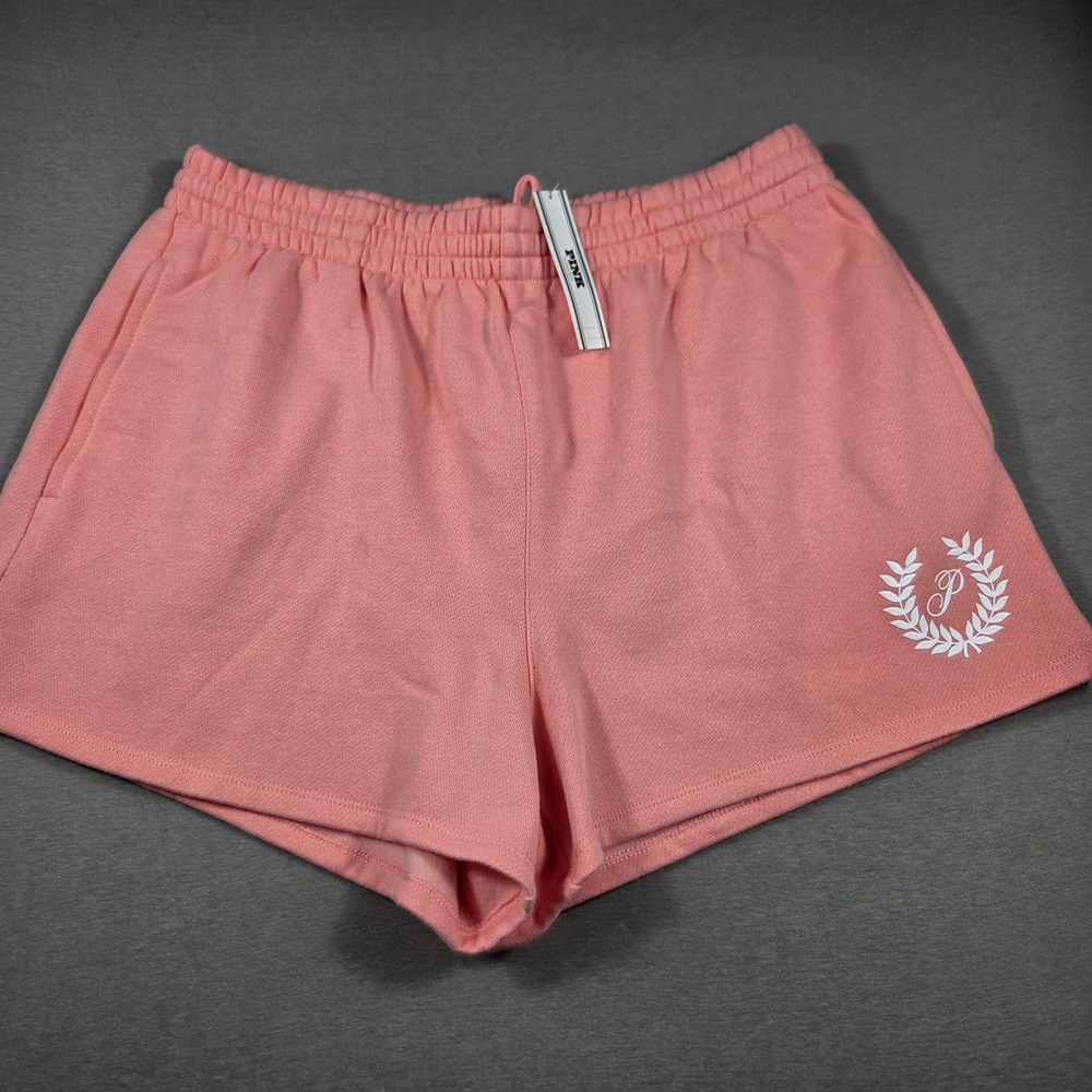 Victoria's Secret PINK Fleece Lounge Shorts Pink Laurel Wreath Logo Large NWT